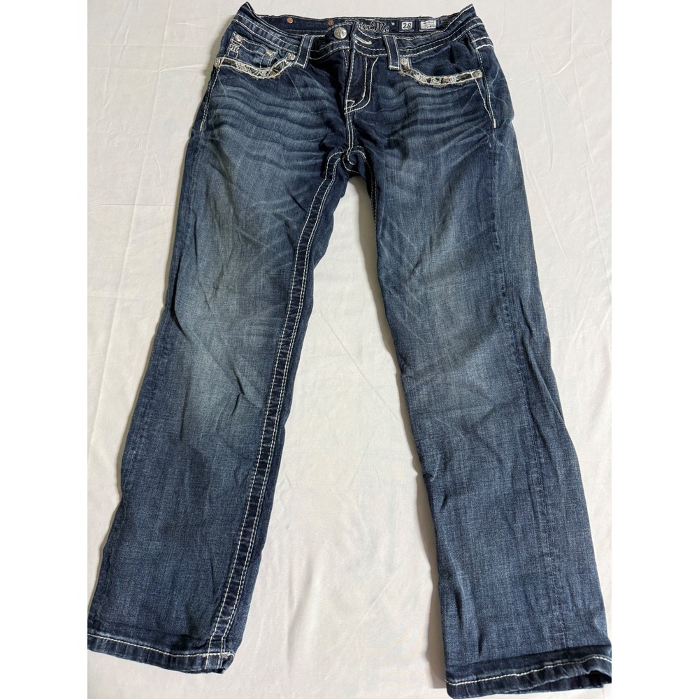 Miss Me Mid Rise Easy Cropped Jeans Dark Wash Rhinestone Embellished Size 28 - Picture 1 of 10